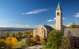 Cornell clock tower with lake in background
